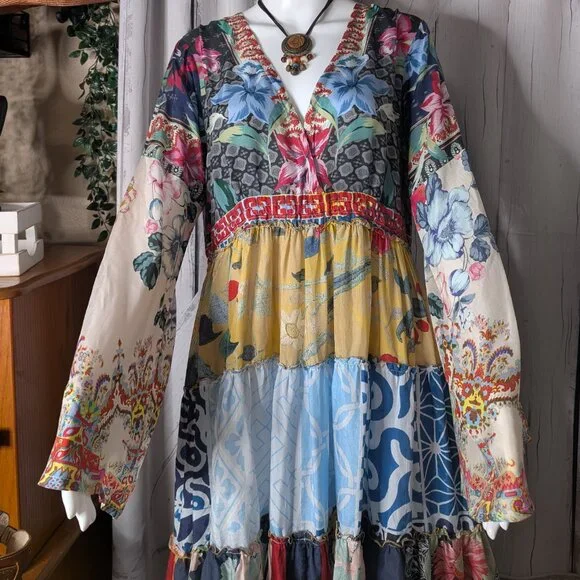 Johnny Was Dunas Patchwork Silk Dress SMALL NWOT - Picture 3 of 10